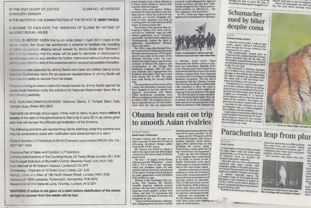 Jimmy Savile: newspaper ads urge TV presenter's victims to claim compensation