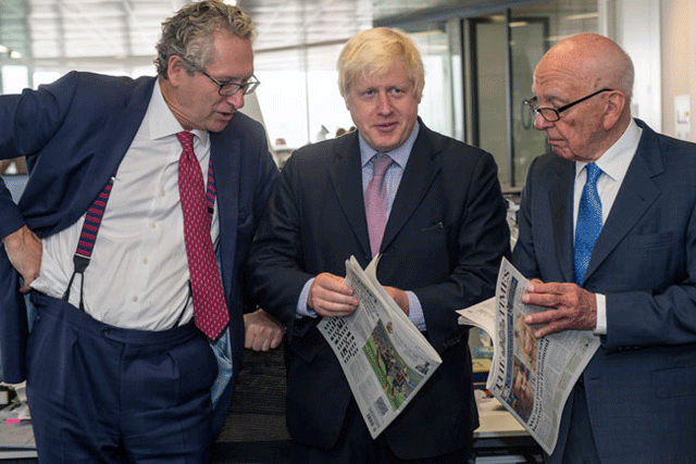 Times editor John Witherow with Boris Johnson and Rupert Murdoch