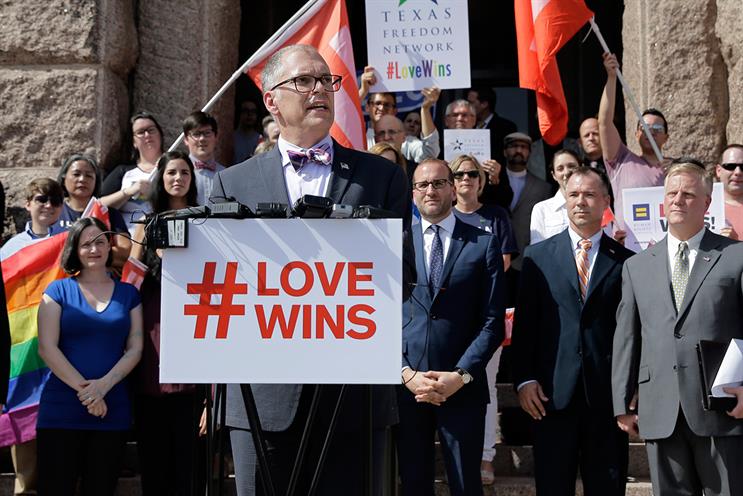 The new mainstream: same-sex marriage supporters celebrate the US Supreme Court ruling on the steps of the Texas Capitol. Pic credit: PA Photos