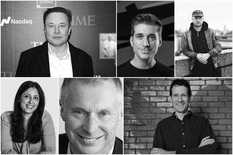 Top row (from left to right): Elon Musk, Marcos Angelides, and Luke Hodson. Bottom row (from left to right): Mobbie Nazir, Phil Smith, and Bruce Daisley.