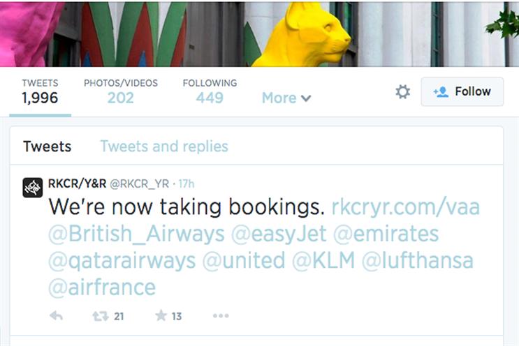 Moving on: RKCR/Y&R tweets major airlines following its loss of the Virgin Atlantic account