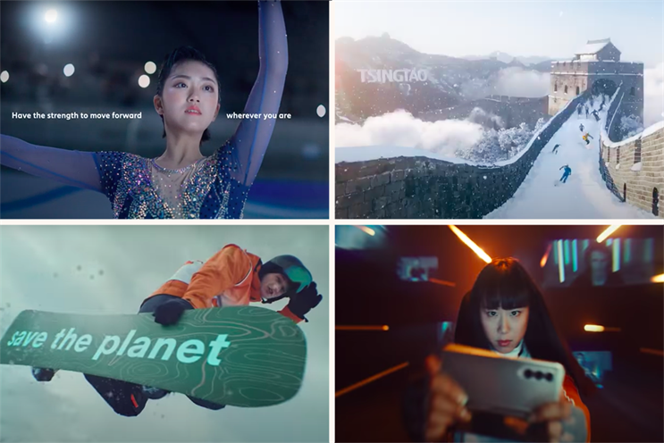 Stills from Winter Olympics ads (clockwise from top right): Allianz, Tsingtao, Samsung (bottom two)