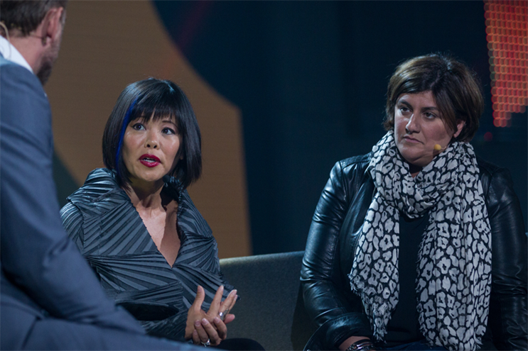 Host, Ivan Wicksteed talks to Emily Chang (l) and Carla Zakhem-Hassan, about how to inspire employees