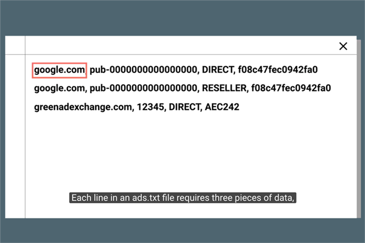 Screenshot from a Google how-to video on creating an ads.txt file