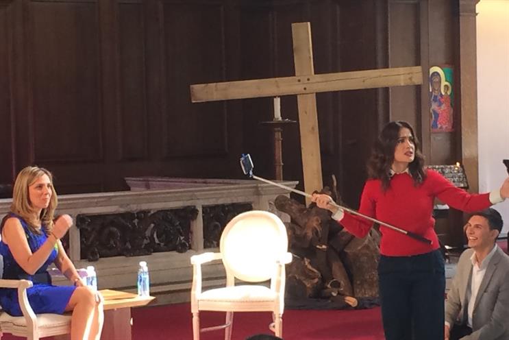 Salma Hayek and Facebook's Nicola Mendelsohn: preparing for an audience selfie at Advertising Week Europe