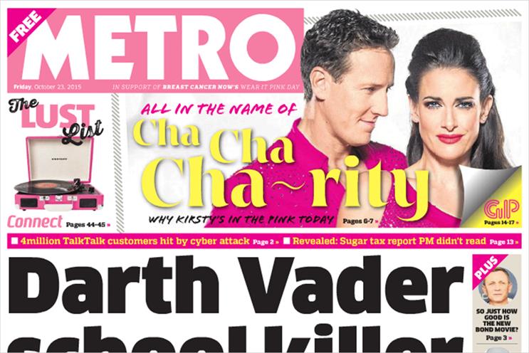Metro: today's edition featured a pink masthead instead of the usual blue