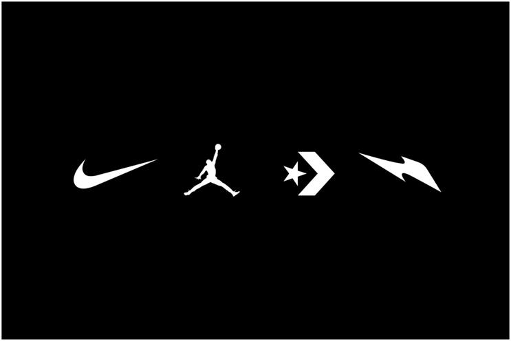 Nike: from left to right, brand's 'swoosh', Air Jordan and Converse logos alongside RTFKT’s lightning bolt logo