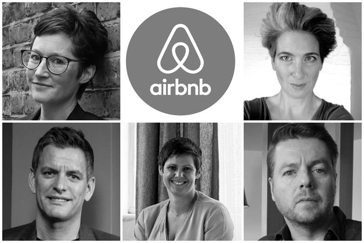 Clockwise from top left: Waters, Airbnb logo, Dimiziani, Adams, Calverley, Smith