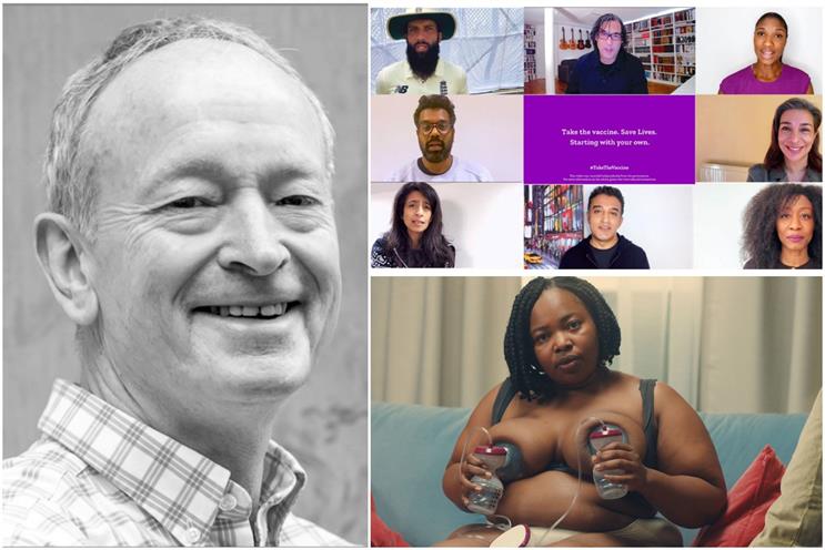 Clockwise from left: Cowan; the '#TakeTheVaccine' campaign, and Tommee Tippee's latest ad