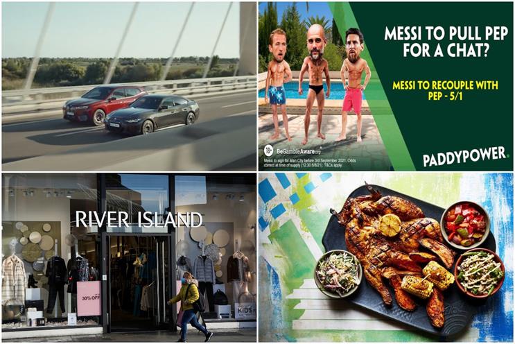 Clockwise from top left: BMW, Paddy Power, Nando's, River Island
