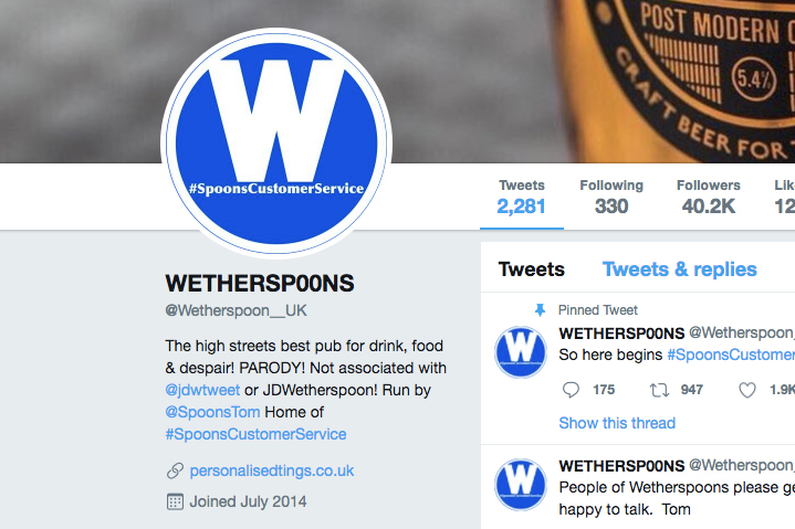 Twitter ordered to reveal identity of parody JD Wetherspoon account
