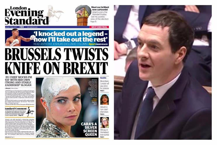 London Evening Standard's front page today, edited by Osborne, right
