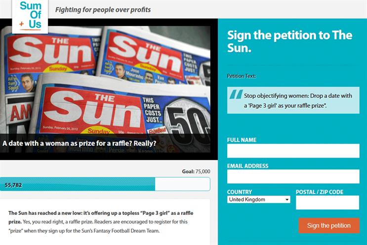 SumOfUS.org: campaign forced The Sun to withdraw Page 3 girl prize offer