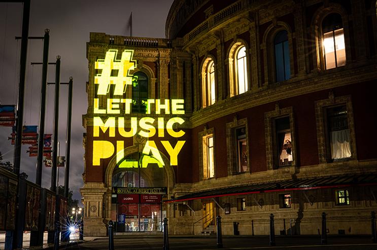The campaign hashtag was projected on to iconic music venues such as the Royal Albert Hall