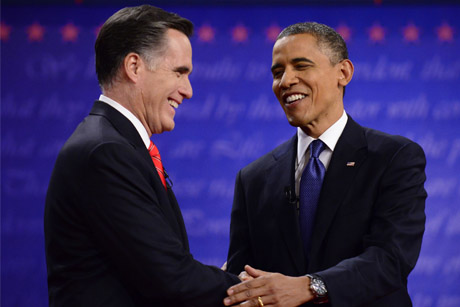 Rivals: Mitt Romney and Barack Obama at their first TV debate (Credit: Rex Features)