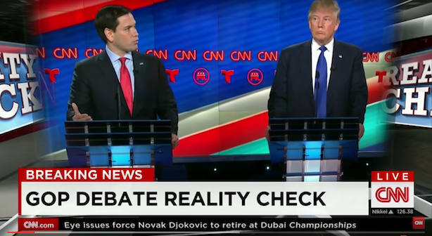 Marco Rubio goes after Donald Trump at Thursday night's Republican debate. (Image via CNN's YouTube page). 