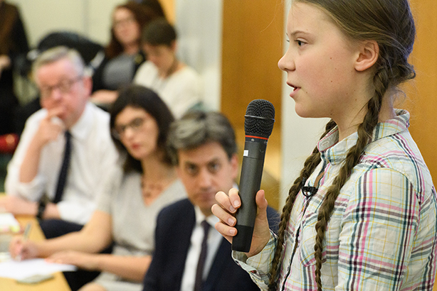 Greta Thunberg addresses the Parliamentary Climate Change Group meeting last week, including Michael Gove and Ed Miliband (pic credit: Leon Neal/Getty Images) 