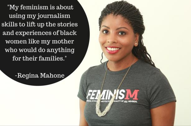 Writer Regina Mahone on behalf of the #MyFeminismIs campaign. (Image from the Ms. Foundation's Facebook page). 