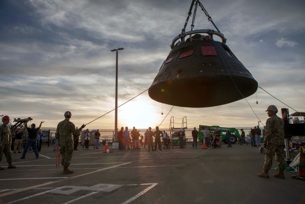 Orion being moved from the crew recovery cradle