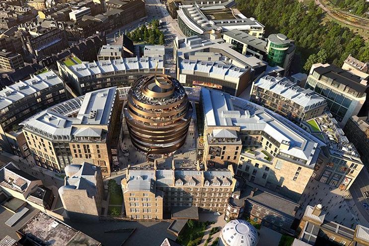 A rendered aerial view of St James Quarter, with the W Edinburgh hotel at the heart of the development