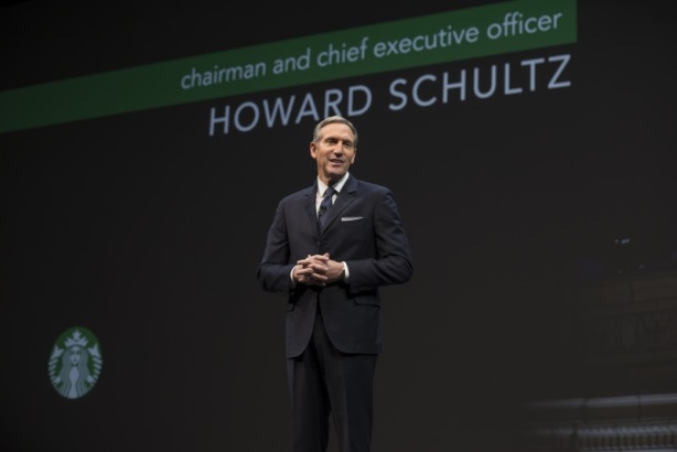 Starbucks CEO Howard Schultz speaking at the annual shareholders meeting