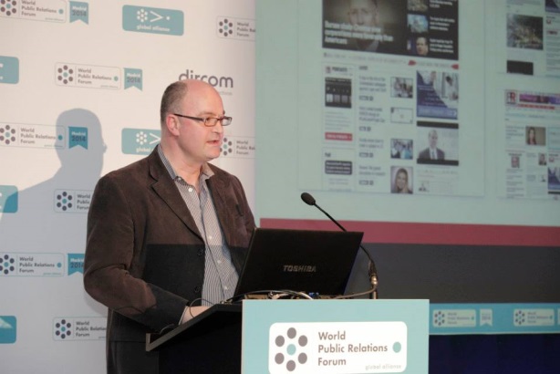 Steve Barrett speaks at the World Public Relations Forum in Madrid. 