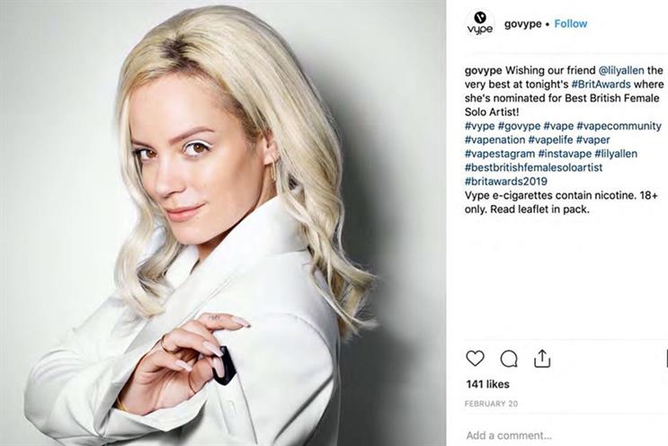 A Vype Instagram post featuring Lily Allen is among the content banned by the ASA