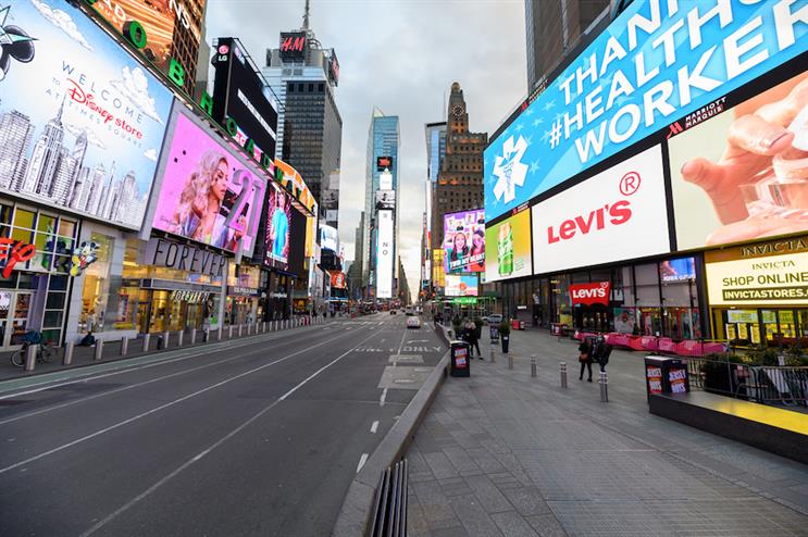 Times Square in NYC was unrecognizable as COVID-19 stripped the normally packed streets of buzz and atmosphere. (Pic: Getty Images.)