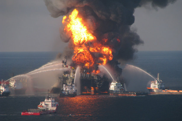 Deepwater Horizon: Fire boats douse the rig flames the day after the April 2010 spill, which caused 11 worker deaths (Credit: EPI2oh via Flickr)