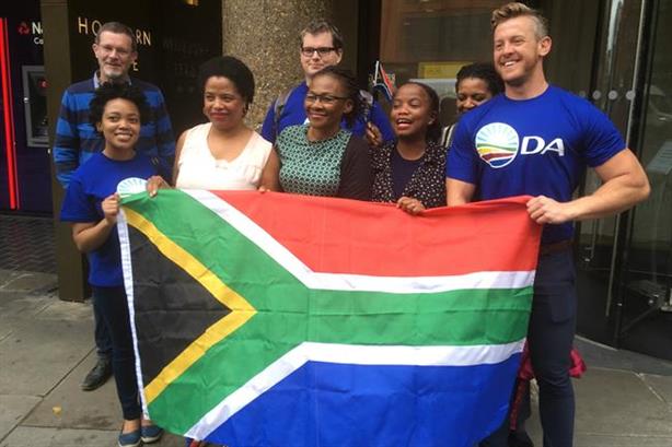 Protest: members of South Africa's Democratic Alliance at Bell Pottinger's London HQ in August