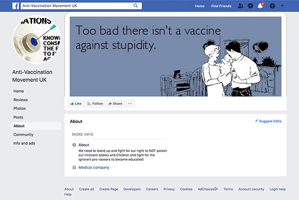 One of the Facebook accounts run by anti-vaccine campaigners