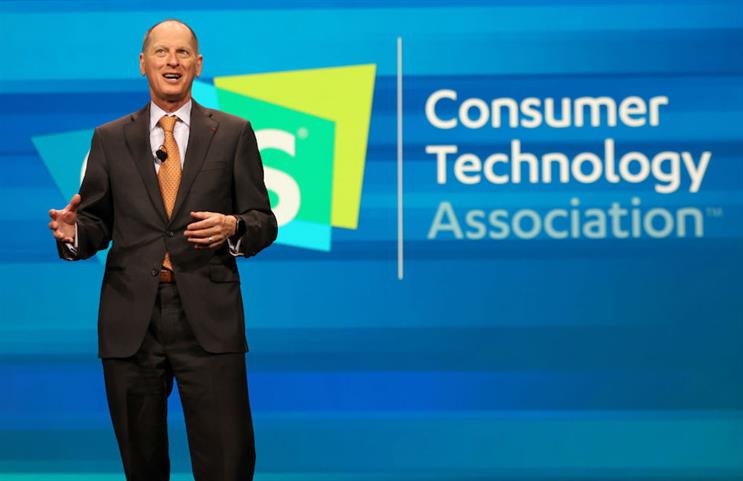 Consumer Technology Association president and CEO Gary Shapiro delivers a keynote address at CES on Wednesday. (Photo credit: Getty Images).