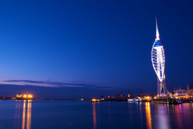 The Spinnaker Tower in Portsmouth in its usual nighttime livery