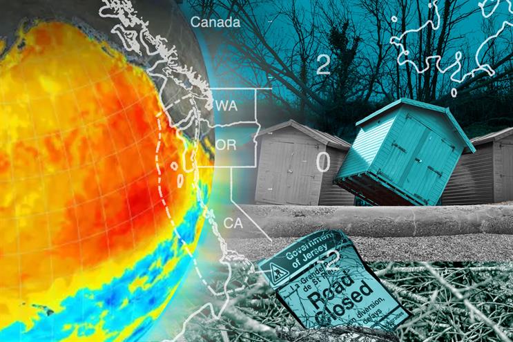 Montage showing the Pacific heatwave set against impacts of UK winter storms.