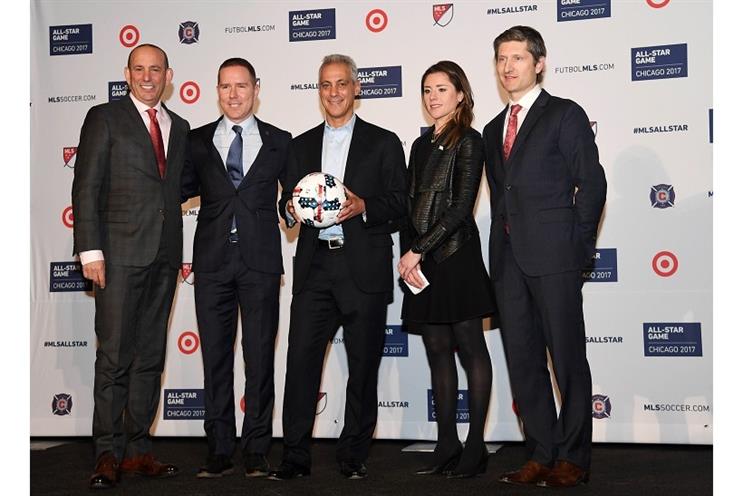 MLS commissioner Don Garber, Chicago Fire owner and chairman Andrew Hauptman, Chicago mayor Rahm Emanuel, Chicago Sports Commissioner Executive Director Kara Bachman and Target VP of Marketing William White (left to right). Photo by Mike DiNovo.