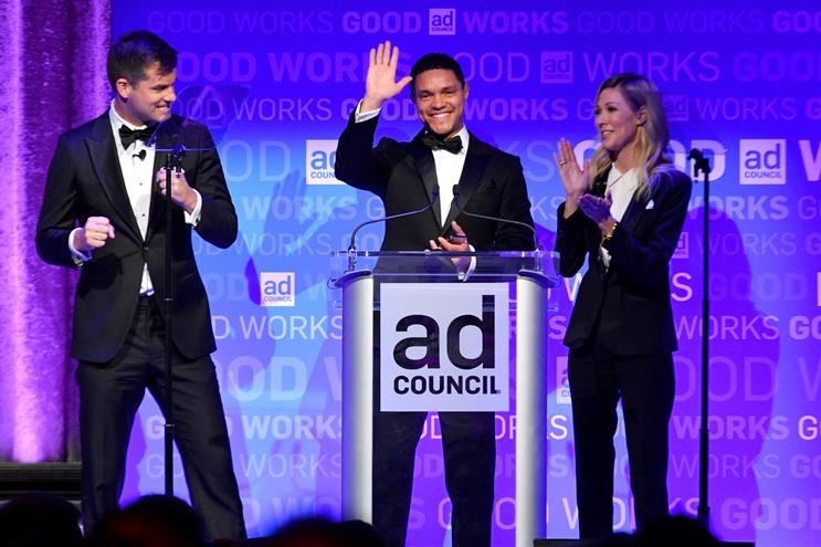 Michael Kosta, Trevor Noah and Desi Lydic of "The Daily Show"