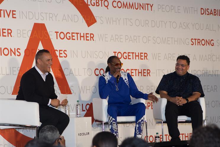 (L to R) Doug Melville, chief diversity officer, TBWA; Snoop Dogg; Ryan Ford, CCO, Cashmere. Photo: Ashley E. Osborne