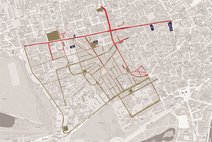 Streets in red are covered by the New West End Company; the gold area is the London Luxury Quarter