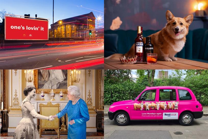 Collage of McDonald's billboard, corgi with Campari, Queen shaking hands with her younger self and a taxi with corgis on it