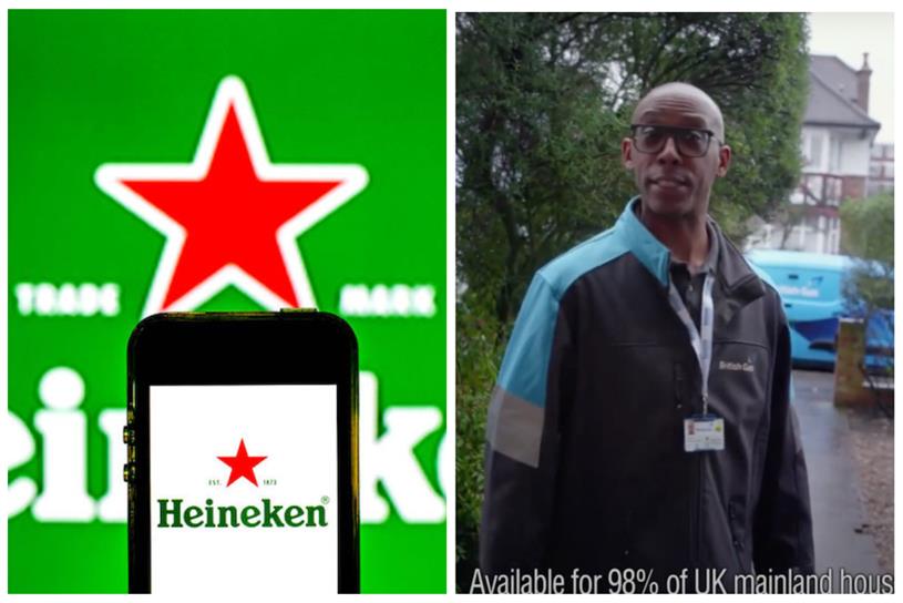 Heineken logo and still from British Gas ad