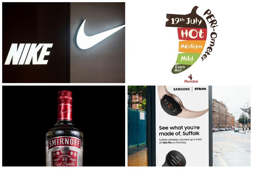 Clockwise from top left: Nike, Nando's, Samsung and Smirnoff