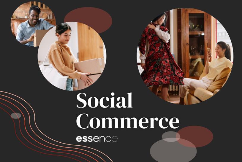 The words 'Social commerce, Essence' appear against a dark background, while circular images depict people of various ethnicities buying goods via their digital devices