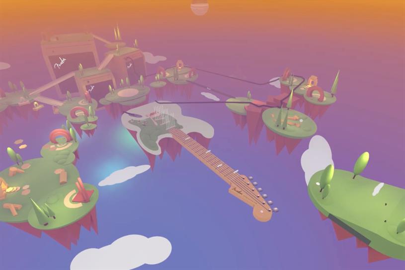 A set of floating islands, one is shaped like a Fender Stratocaster guitar