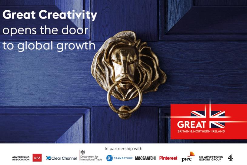 A blue door with a lion's head brass knocker, and the words 'Great creativity opens the door to global growth'