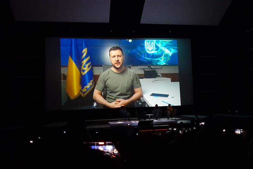 Ukraine president Zelenskyy addressing Cannes via a big screen