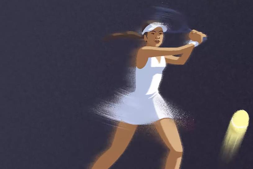 Still from Wimbledon campaign featuring illustration of Emma Raducanu