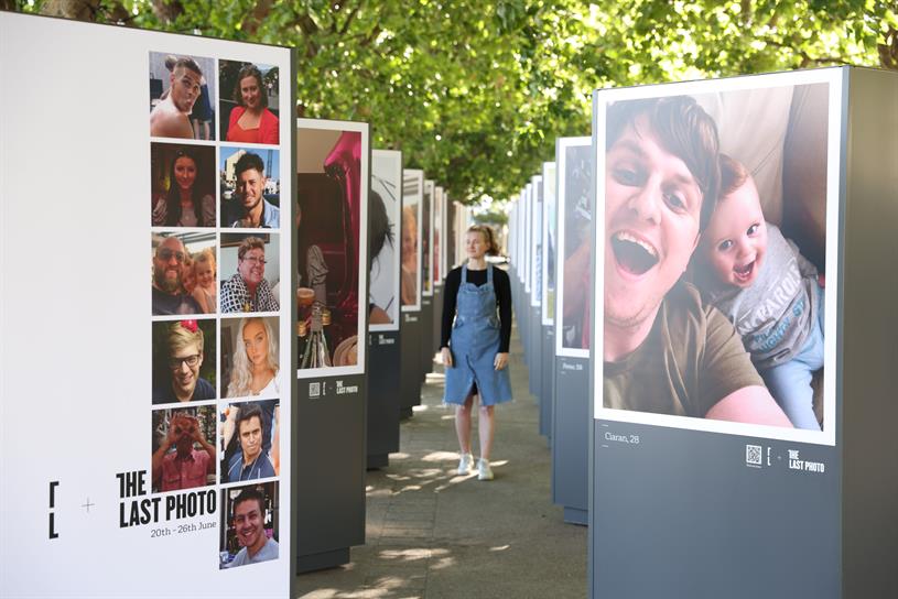 CALM installation on London's Southbank showing the last photos of people of took their own lives