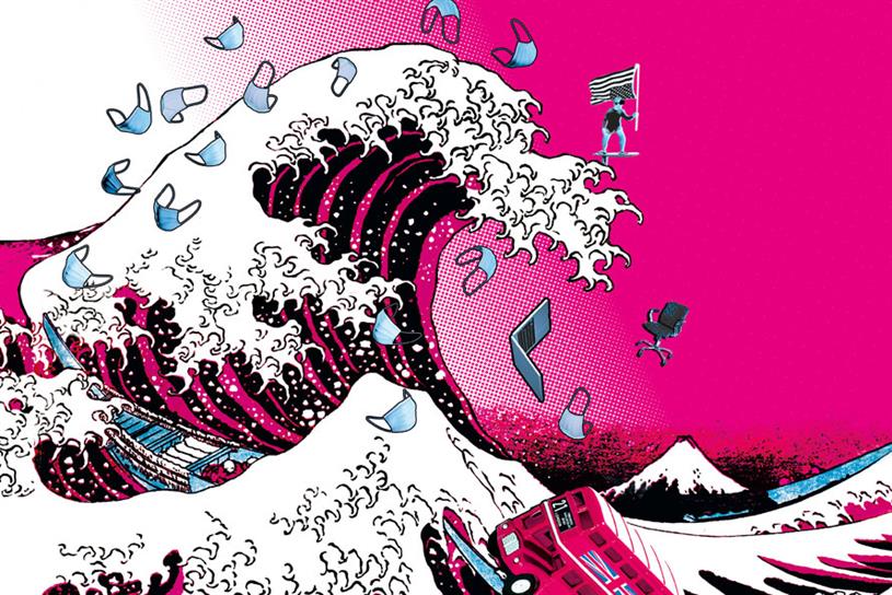 Hokusai-style image of a wave propelling masks, laptops, office chairs, a London bus and a surfer with a US flag before it