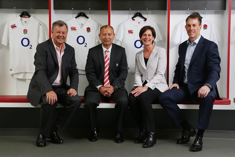 (L-R): RFU CEO Ian Ritchie; England Rugby head coach Eddie Jones; O2 head of marketing Nina Bibby; and O2 CEO Mark Evans