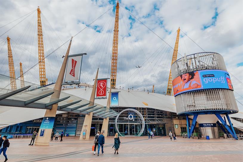 The exterior of London venue The O2, with outdoor placements carrying Gopuff advertising